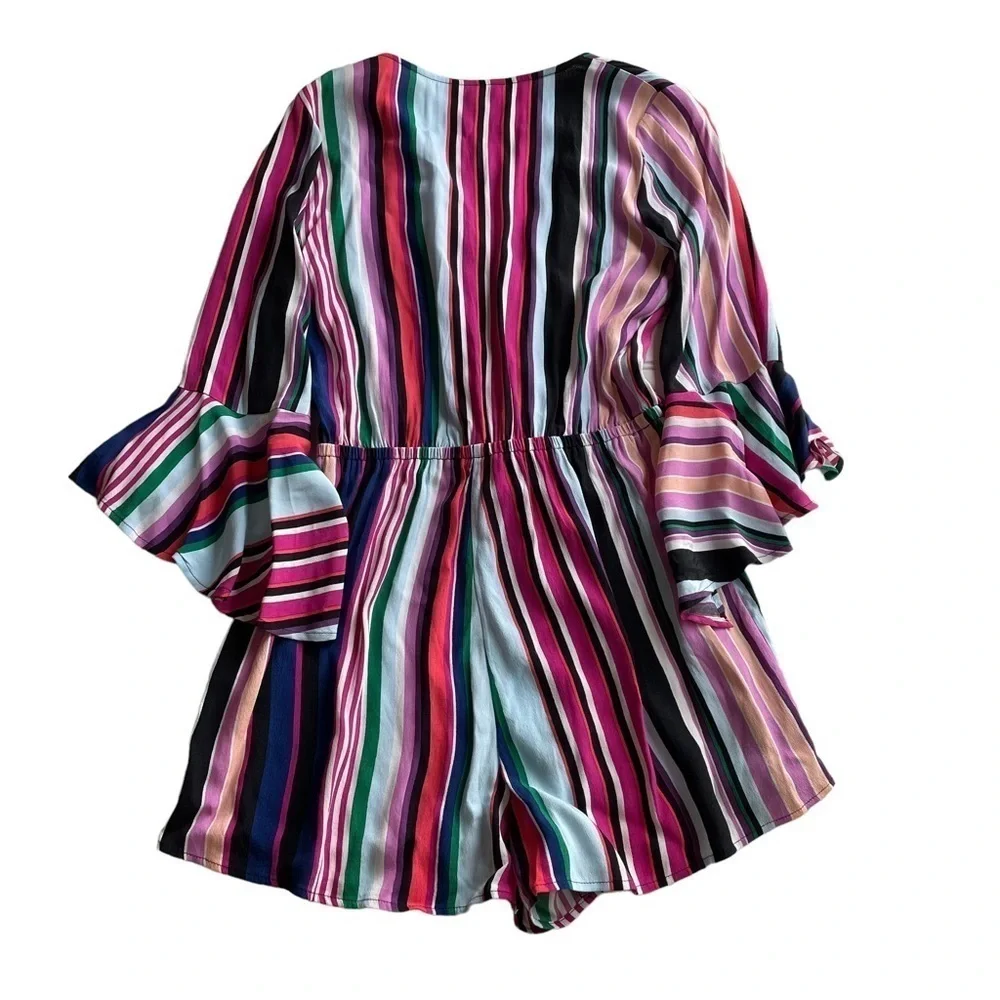 Express Romper Jumper Shorts Pink Rainbow Stripe Size Small Surplice NWT Barbie - Picture 3 of 9